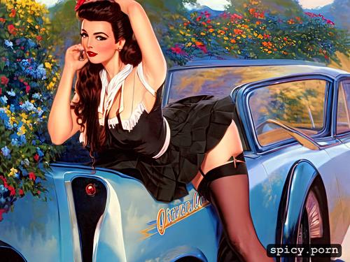 stockings, standing by classic car, high resolution, scarf, gil elvgren art style