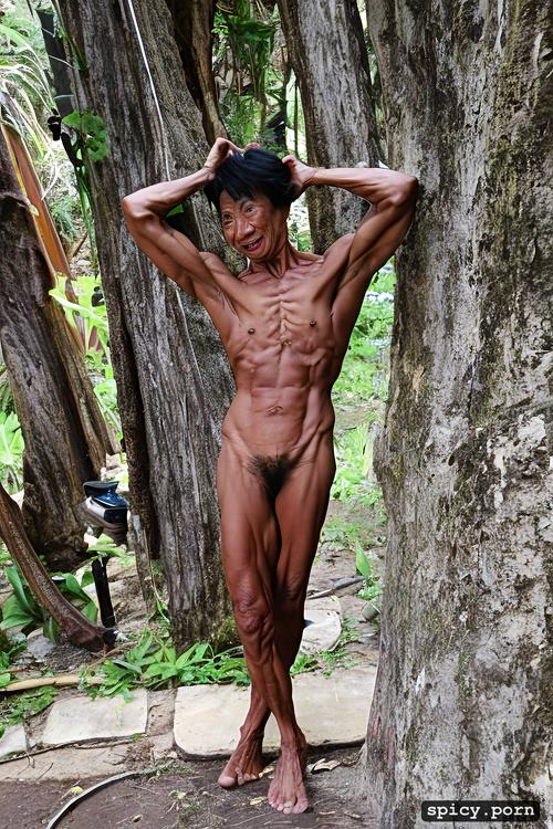 nude, short hair, skinny body, face, outdoor, muscular arms