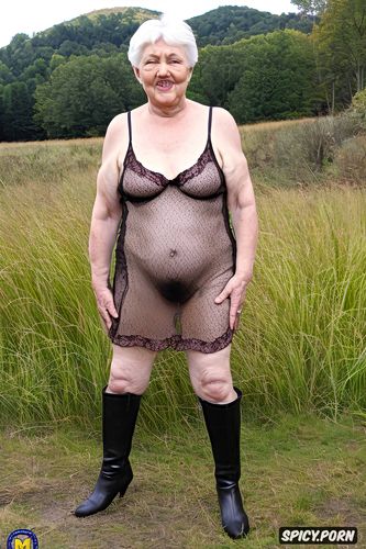 leather boots, background woods, extremly hairy pussy, cellulite