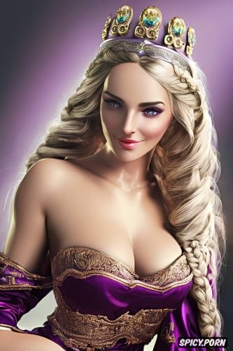 abs, roman empress beautiful face full lips rosey skin long soft ashen blonde hair in a braid purple robes diadem milf topless