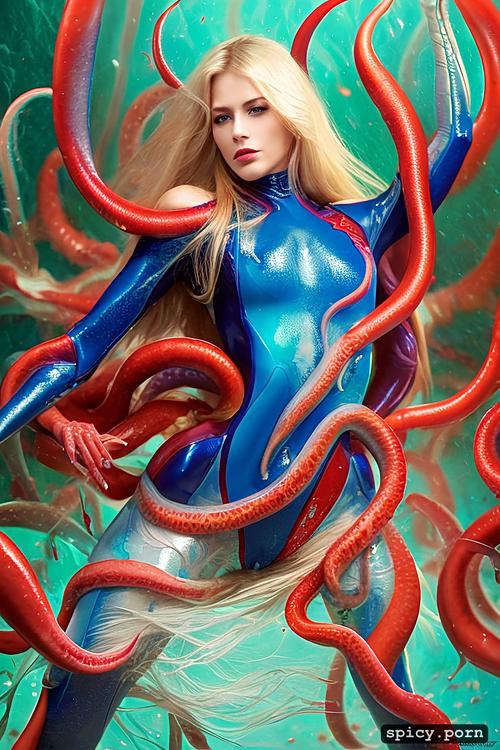 spread legs, underwater, tentacles on arms, long blond hair