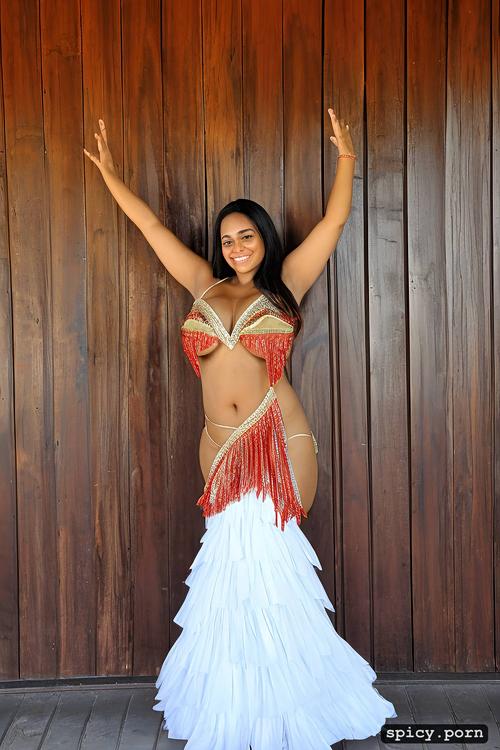 beautiful smiling face, beautiful tahitian dancer, full body view