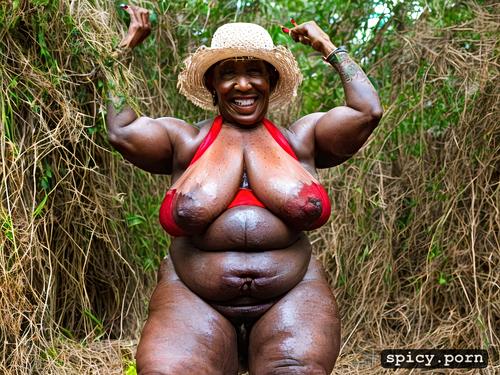 color, strong stretch marks, full naked body with freckles, sqatting