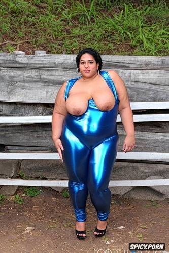 ssbbw hispanic woman in a shiny metallic blue bodysuit, flat chest