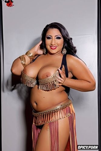 smiling, traditional two piece belly dance costume, huge natural boobs
