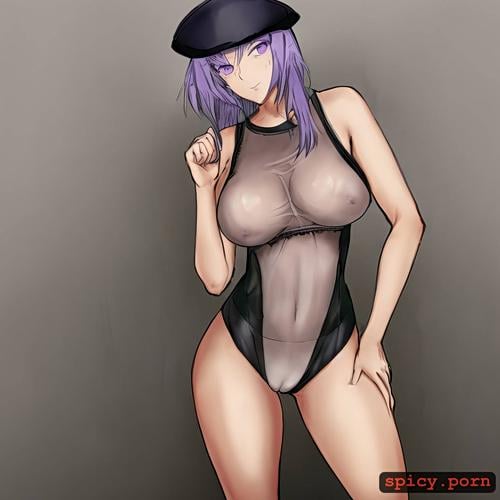 full body, tanktop with underboob and short shorts, purple eyes