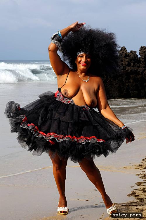 giant hanging tits, high heels, long hair, color portrait, 65 yo beautiful white caribbean carnival dancer