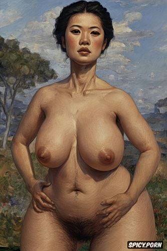 renoir, fat woman, abs, tall, thai woman, belly, smoke, fatty skin folds