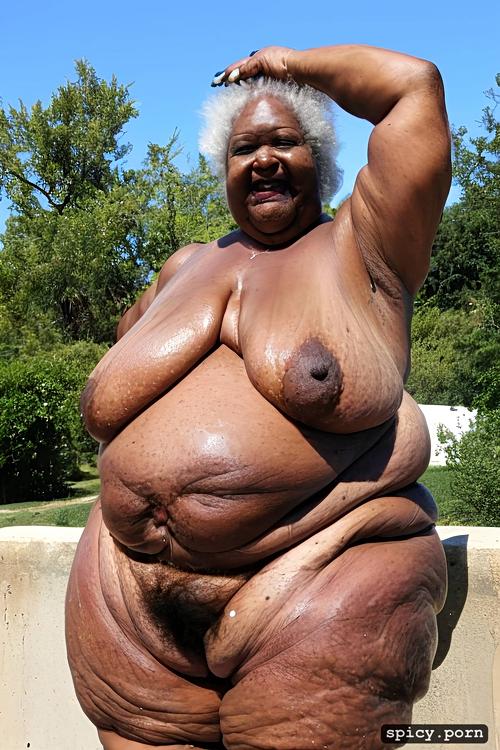 full naked body, 80 yo, wrinkly smiling face, flat hanging saggy breast