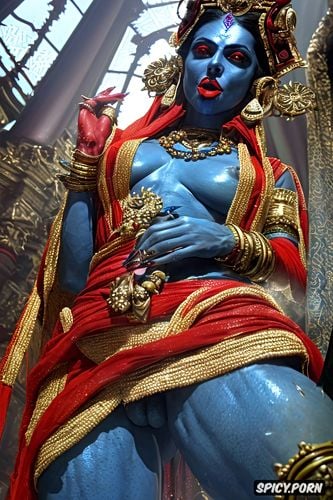 big dick, mukut on head, ultra detailed, masterpiece, generate a dramatic scene of beautiful goddess kali holding her futanari penis