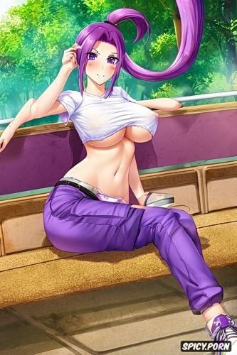 purple hair, small butt, shirt lift, jessie, long ponytail1 7