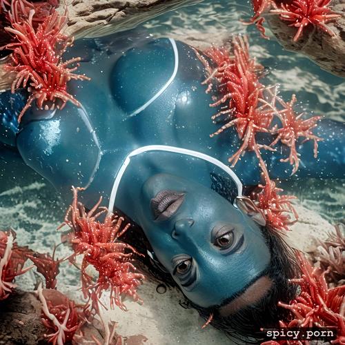 visible nipple, zoe saldana as blue alien from the movie avatar zoe saldana swimming underwater near a coral reef wearing tribal top and thong