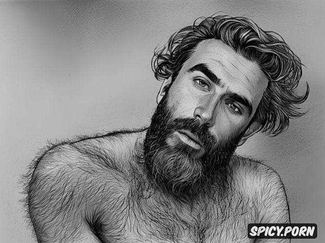 age 30 40, intricate hair and beard, detailed artistic pencil nude sketch of a bearded hairy man crouching