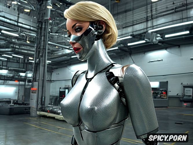 full body view, sexy blonde robot with fully metallic body and huge tits inside a sexbot factory