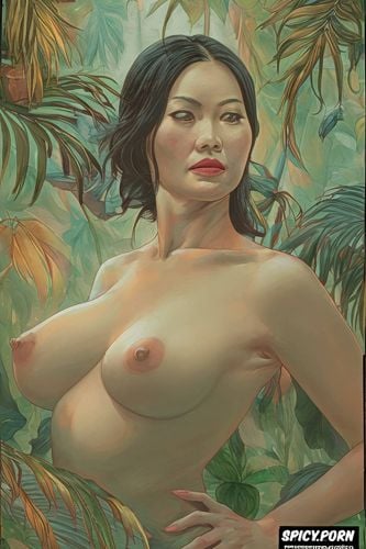 olivia munn, russsian woman, tropical rainforest, russian realism painting