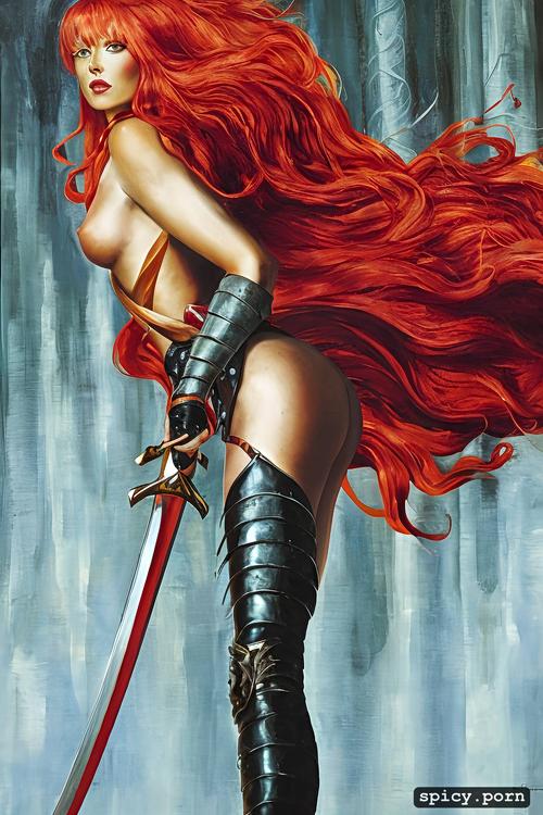 attention to detail, masterpiece, nude red haired woman pushing sword to hilt deeply inside vagina