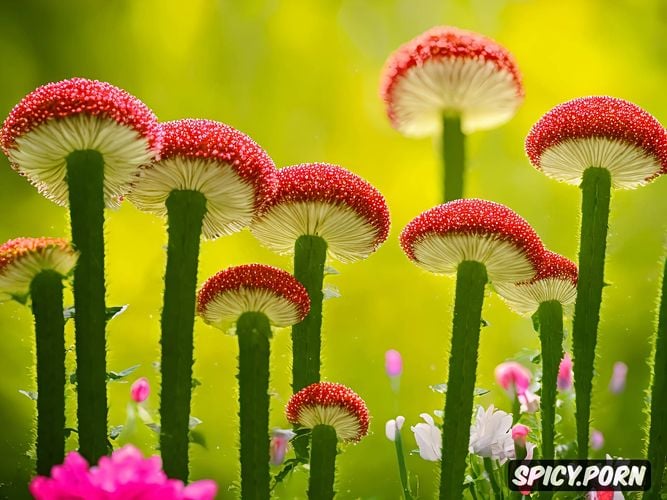 oversized flowers, hiqh quality picture, beautiful colors, magic mushrooms