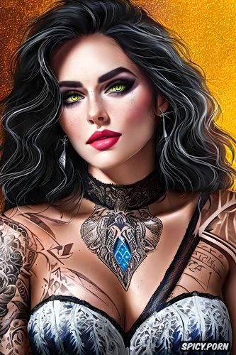 ultra realistic, yennefer of vengerberg the witcher beautiful face tattoos full body shot