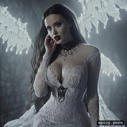 8k, in a dungeon, wearing white lace dress with black trim, symmetrical face