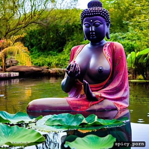 black sexy underwear, exotic pond, lotus flower pink, female buddha statue