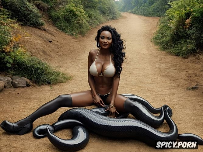 thighs, wants in her vagina, boobs out, toned muscles, filipino woman vs giant anaconda thick tentacle