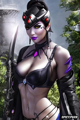 abs, masterpiece, ultra realistic, widowmaker overwatch female fantasy assassin skin tight black assassin robes daggers beautiful face portrait muscles