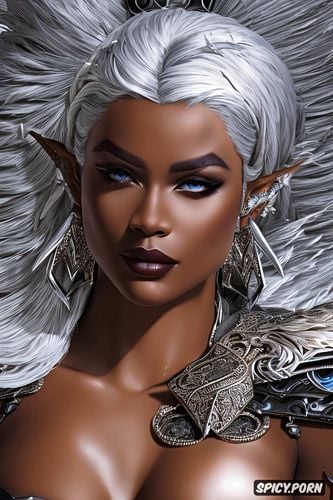 ultra realistic, black lace lingerie, high resolution, hawke dragon age beautiful face ebony skin silver hair full body shot
