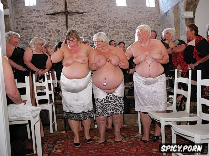 inside church choir, glasses, group of old grannies, nude, chains