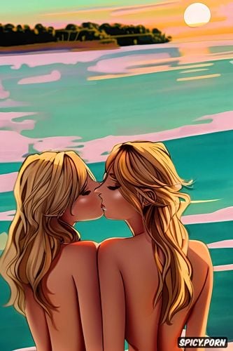 ocean, blonde, twins, topless, sunset