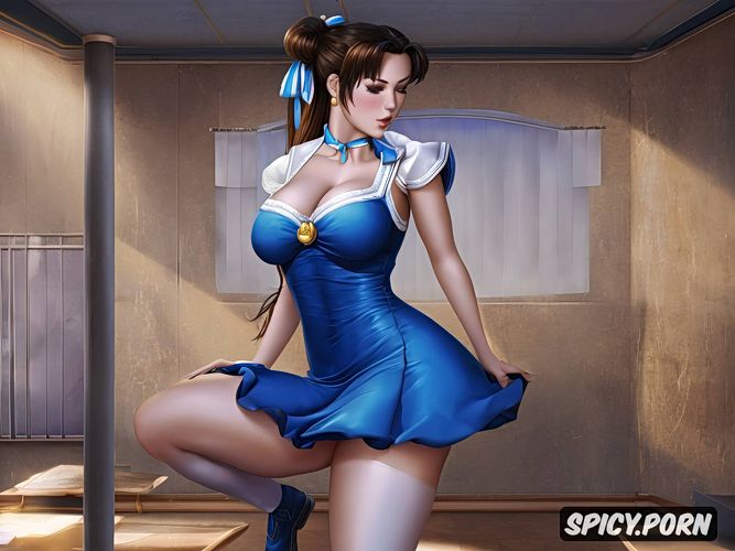 blue dress, diadem, abandoned building, chun li, teen fatty skin folds