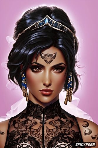 high resolution, ultra detailed, pharah overwatch beautiful face young tight low cut black lace wedding gown
