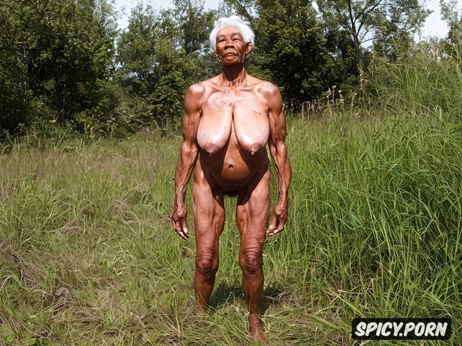 black ebony skinny, squatting in a field with legs apart, realistic pussy