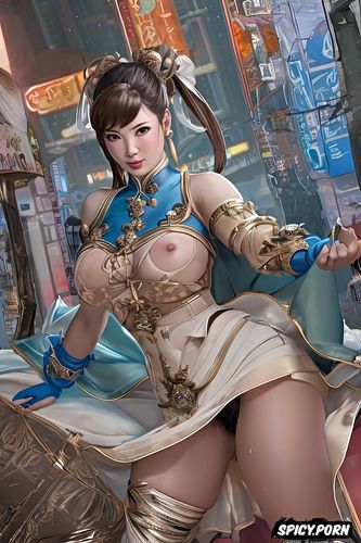 showing upskirt, long dress, chubby belly, chun li streetfighter