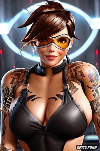 masterpiece, tattoos, tracer overwatch beautiful face full body shot