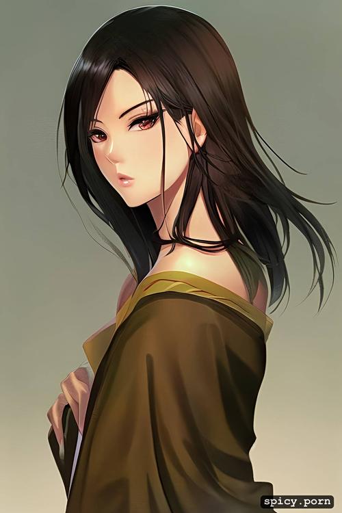 anime game character, beautiful realistic anime art style, two toned dark hair