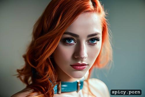 cute, perky breasts, exaggerated volume of cum, long wavy red orange hair
