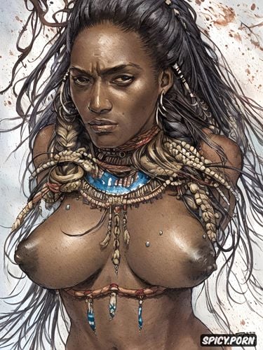 detailed face, dark skin, boobs visible, braids, dark nipples