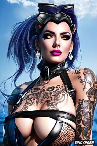 high resolution, widowmaker overwatch beautiful face milf sexy low cut leather mistress outfit