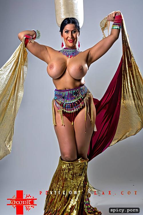 65kk cup boobs, beautiful bellydance costume, performing, dark areolas
