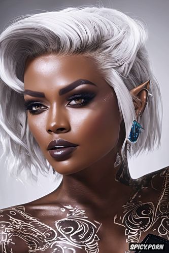 tight black lace lingerie, masterpiece, hawke dragon age beautiful face ebony skin silver hair tattoos