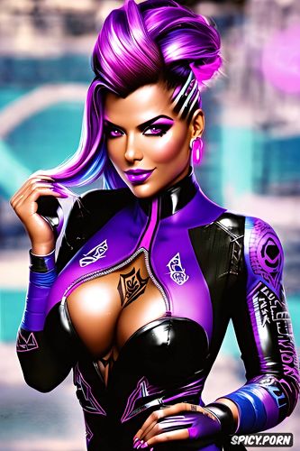 sombra overwatch beautiful face young full body shot, tattoos small perky tits tight body fitting black evening gown masterpiece