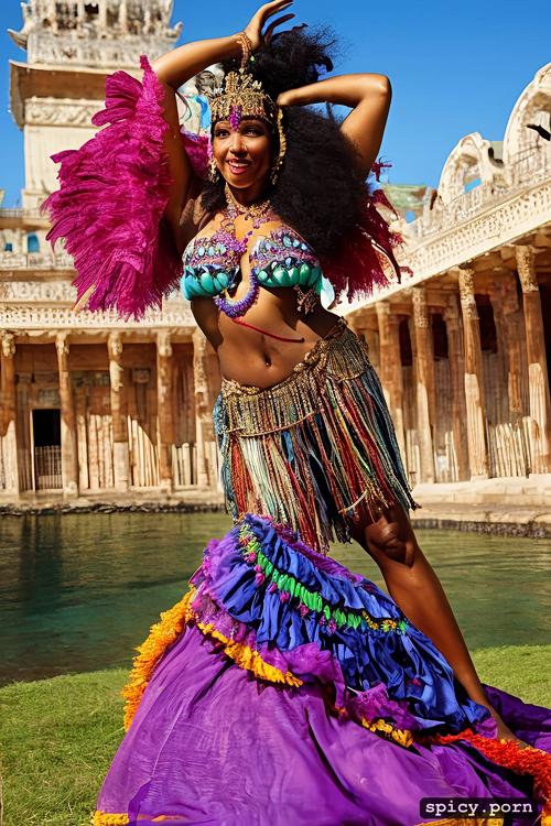 60 yo beautiful tahitian dancer, beautiful smiling face, extremely busty