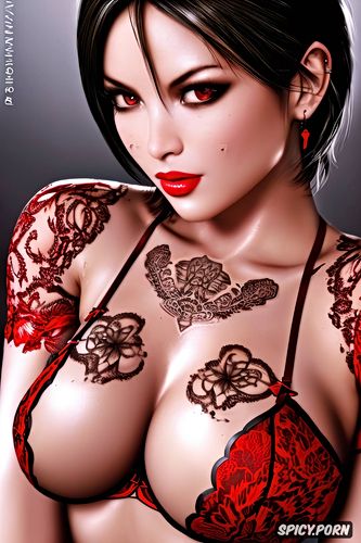 high resolution, ada wong resident evil beautiful face young sexy low cut red lace lingerie