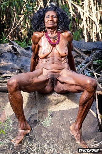 dark hair, front teeth missing, well defined muscles, 92 y o amazonian tribal granny