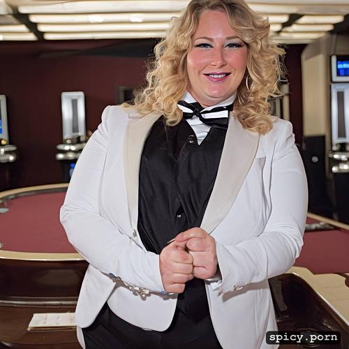 bow tie, casino dealer, fat, black tailcoat, curly hair, curvy body