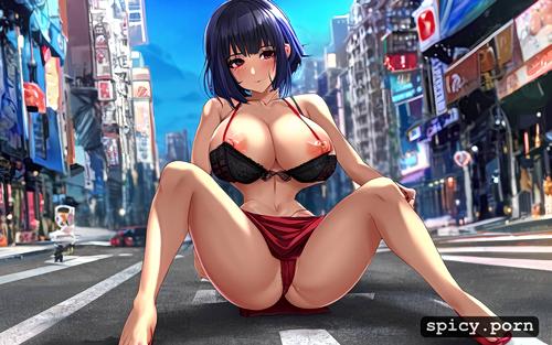 small boobs, black hair and red hair ends, city street, share and fuck in ass and fingering deep