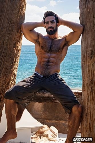 muscular, male, male with black hair, arab, full body view, hairy armpits