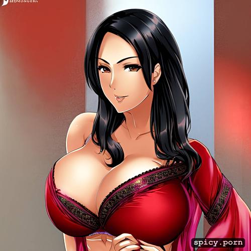 ultra realistic, black hair, centered, sexy figure, red blouse with red saree