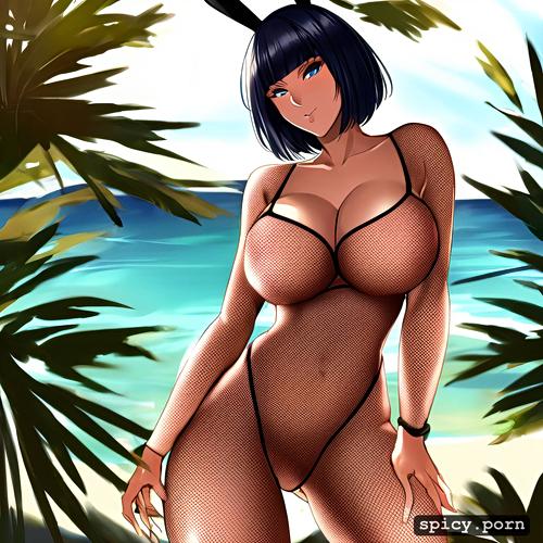 at the beach, reverse bunny suit, perfect anatomy, fully nude