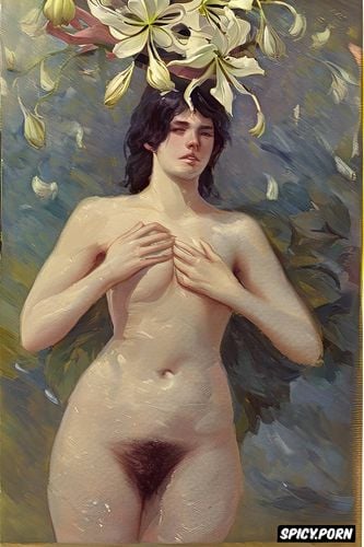 henri gervex, flat chest beautiful teen white women with a white lily in her right hand